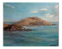 Elephant Rock and the lighthouse, in oils, seen from Ras Boradli.