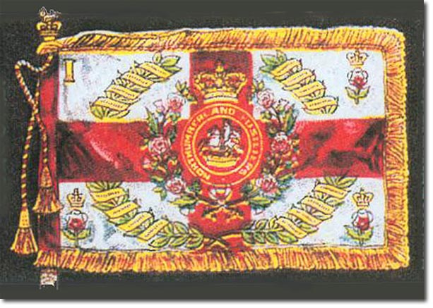 The Royal Northumberland Fusiliers 1st Battalion Regimental colours flag. 